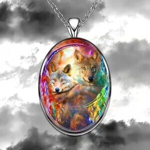 Silver Oval Shaped WOLF Pendant Necklace